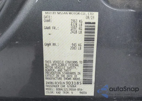 2020 Nissan Altima Sr Fwd из США, поврежденный, VIN 1N4BL4CV1LN303185